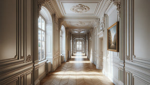 Couloir d'appartement haussmannien avec hauts plafonds, moulures et tableau encadré adapté aux proportions architecturales nobles du Second Empire