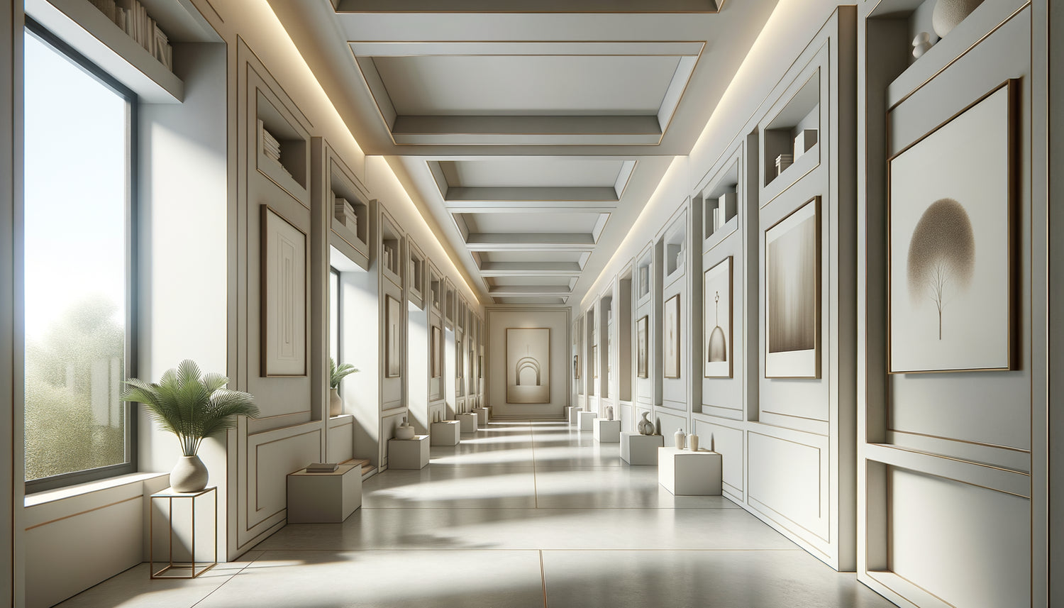 Couloir contemporain asymétrique avec niches architecturales et tableaux positionnés stratégiquement pour créer équilibre visuel