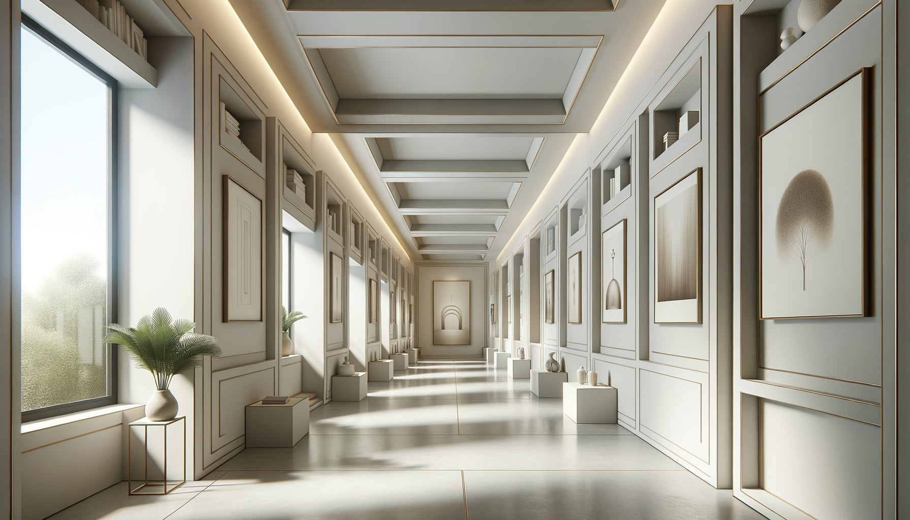 Couloir contemporain asymétrique avec niches architecturales et tableaux positionnés stratégiquement pour créer équilibre visuel