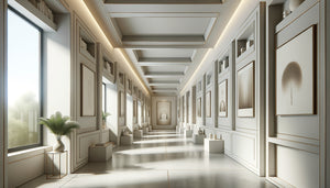 Couloir contemporain asymétrique avec niches architecturales et tableaux positionnés stratégiquement pour créer équilibre visuel