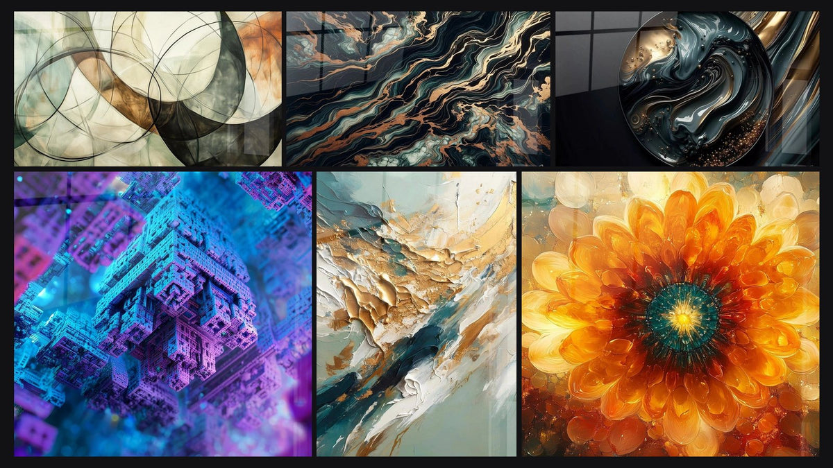 Mosaico di sei quadri, tra cui I Legami Invisibili, Architettura futurista di e Flusso Aureo