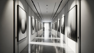 Couloir design contemporain avec série d'œuvres monochromes noir et blanc créant une galerie sophistiquée épurée