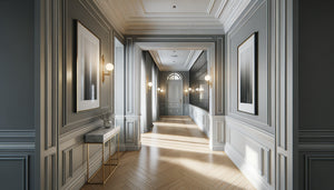 Couloir résidentiel contemporain élégamment rénové avec parquet, moulures blanches et éclairage design sur murs gris