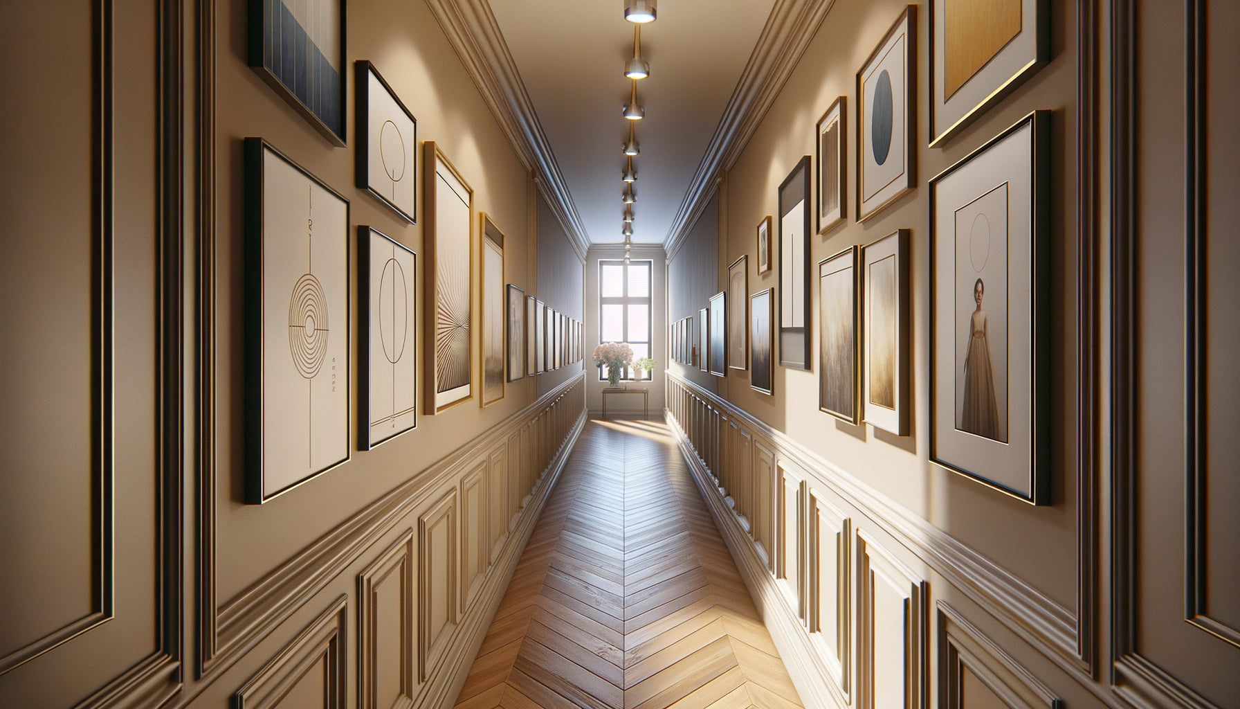 Couloir étroit élégamment aménagé avec cadres aux proportions optimales créant une illusion d'espace