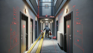 Vue en plongée d'un couloir résidentiel étroit avec portes multiples, radiateur saillant et zones de circulation insuffisantes marquées en rouge
