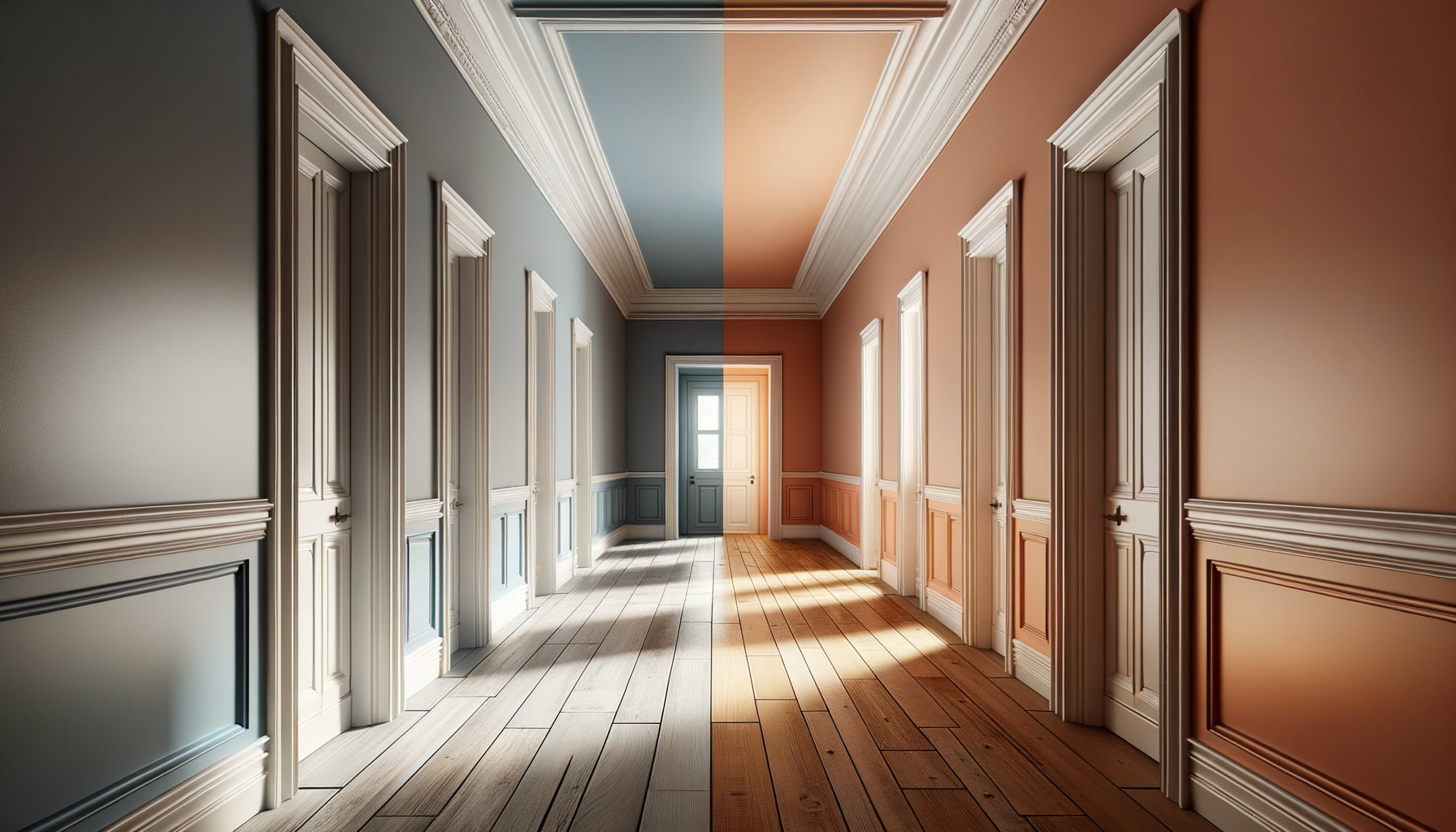 Comparaison visuelle d'un couloir étroit peint en tons froids versus tons chauds démontrant l'effet d'agrandissement optique