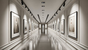 Couloir résidentiel élégant transformé en galerie muséale avec éclairage professionnel et accrochage soigné sur murs blancs