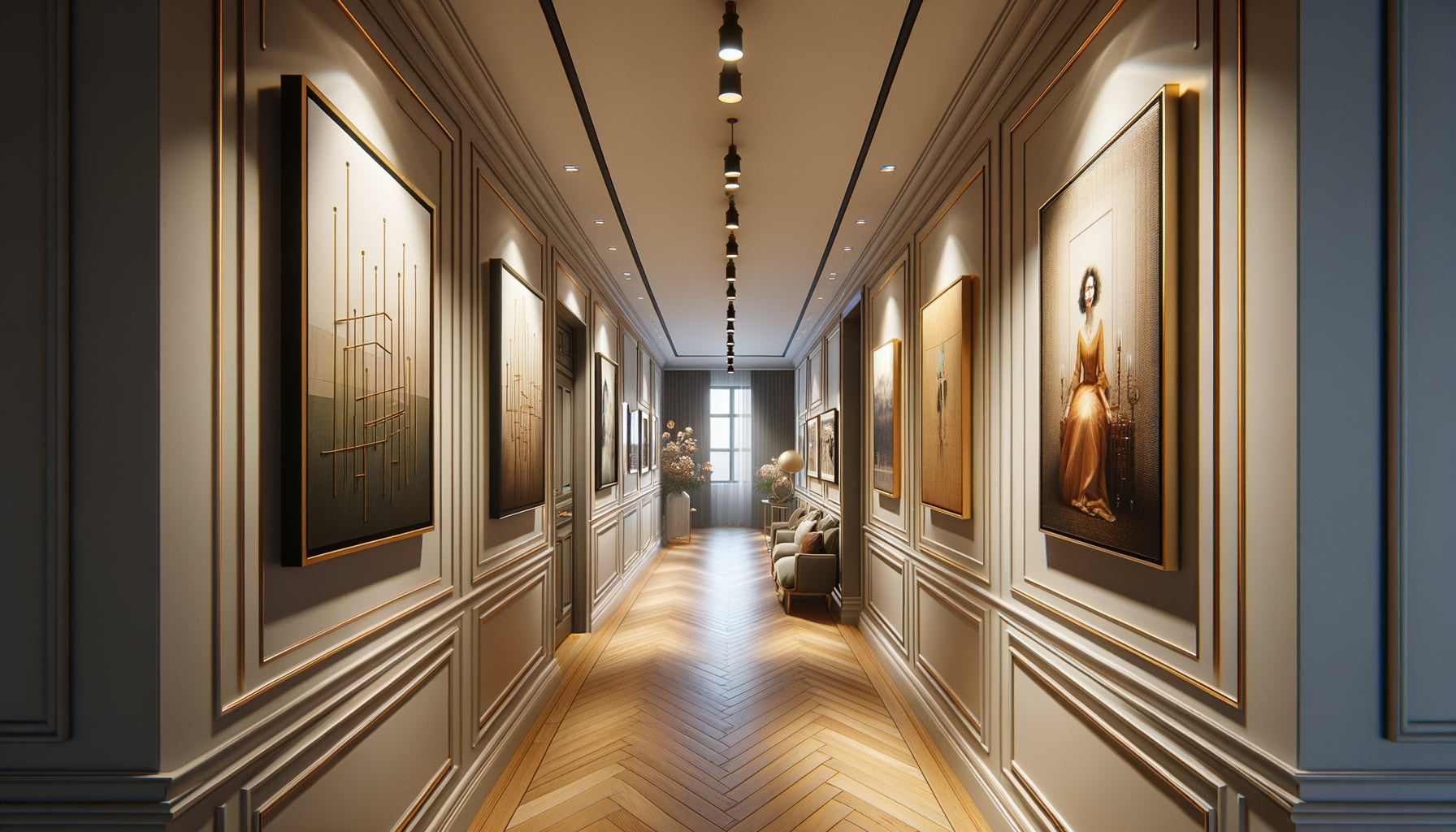 Couloir résidentiel élégant transformé en galerie narrative avec succession de tableaux éclairés racontant une histoire visuelle cohérente