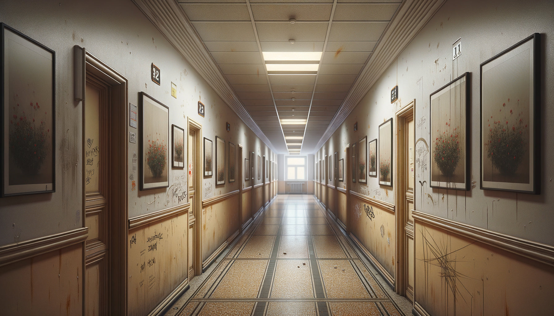 Couloir d'immeuble résidentiel avec tableau endommagé par vandalisme, illustrant la vulnérabilité des œuvres décoratives