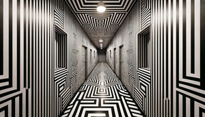 Couloir étroit avec rayures horizontales contrastées, motifs géométriques complexes et damier créant un effet visuel étourdissant