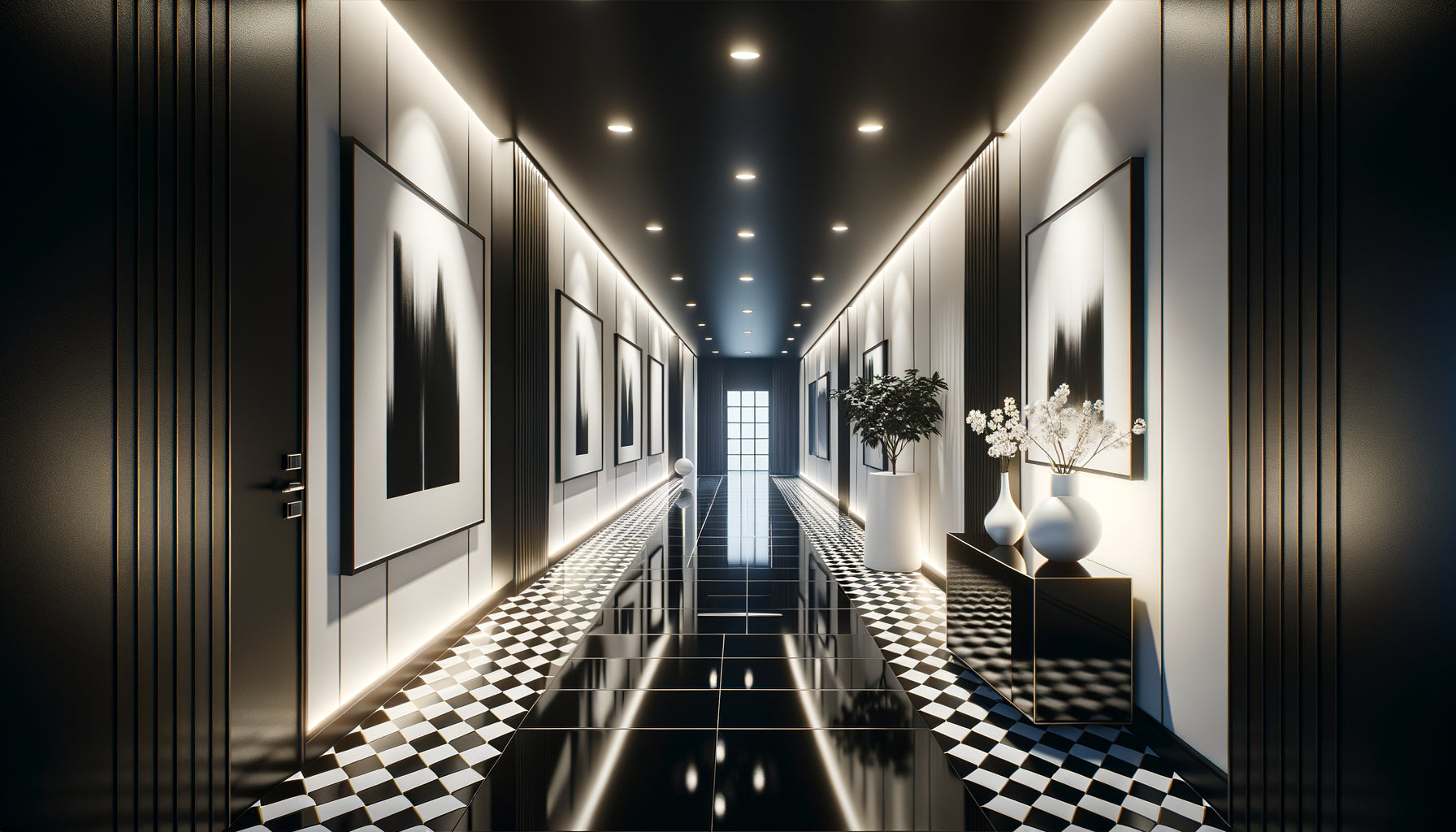 Couloir contemporain sophistiqué en noir et blanc avec contraste dramatique, éclairage architectural et ambiance galerie d'art