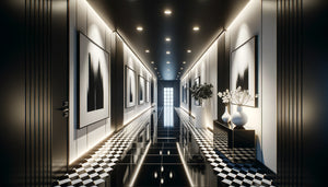 Couloir contemporain sophistiqué en noir et blanc avec contraste dramatique, éclairage architectural et ambiance galerie d'art