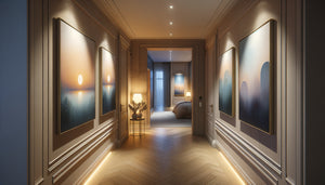 Couloir moderne apaisant avec tableaux aux tons bleus et lavande, éclairage doux, atmosphère propice au repos nocturne