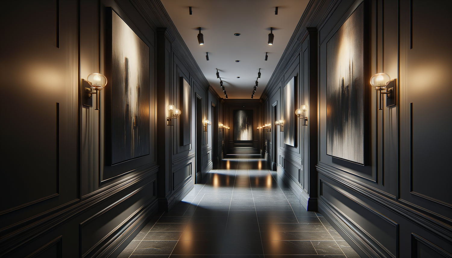 Couloir sans fenêtre sophistiqué avec tableaux sombres et éclairage stratégique créant une ambiance galerie théâtrale