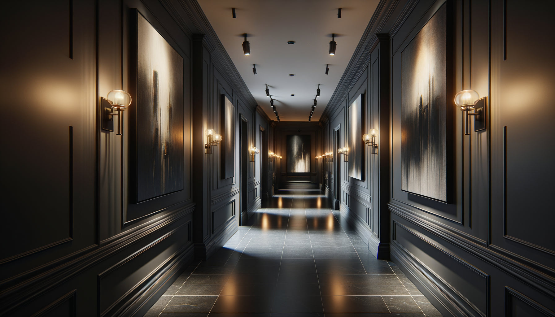 Couloir sans fenêtre sophistiqué avec tableaux sombres et éclairage stratégique créant une ambiance galerie théâtrale