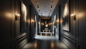 Couloir sans fenêtre sophistiqué avec tableaux sombres et éclairage stratégique créant une ambiance galerie théâtrale