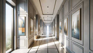 Couloir segmenté contemporain aménagé en galerie avec tableaux créant continuité visuelle harmonieuse