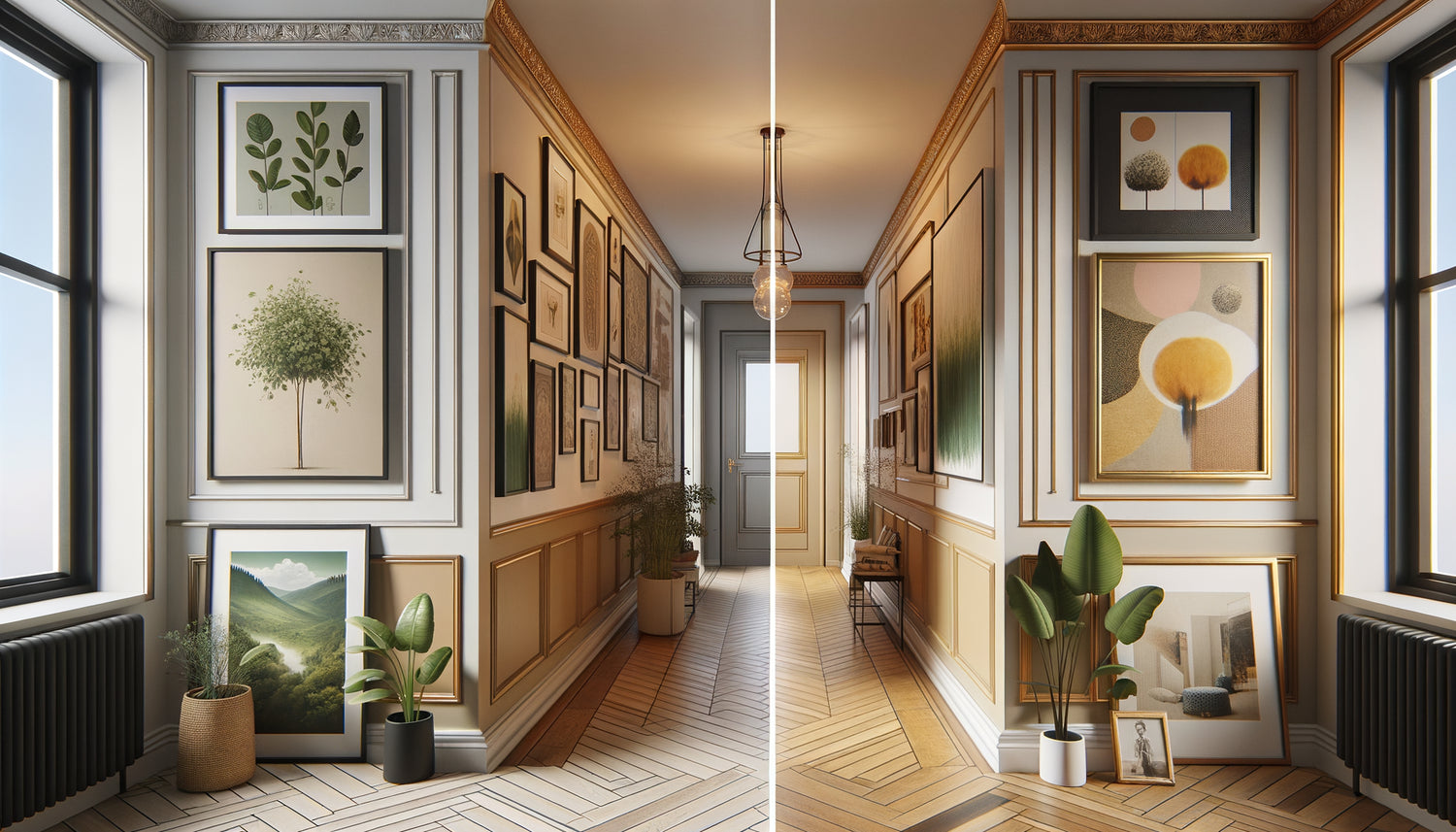 Comparaison visuelle de deux couloirs : série coordonnée de cadres uniformes versus collection éclectique de styles variés
