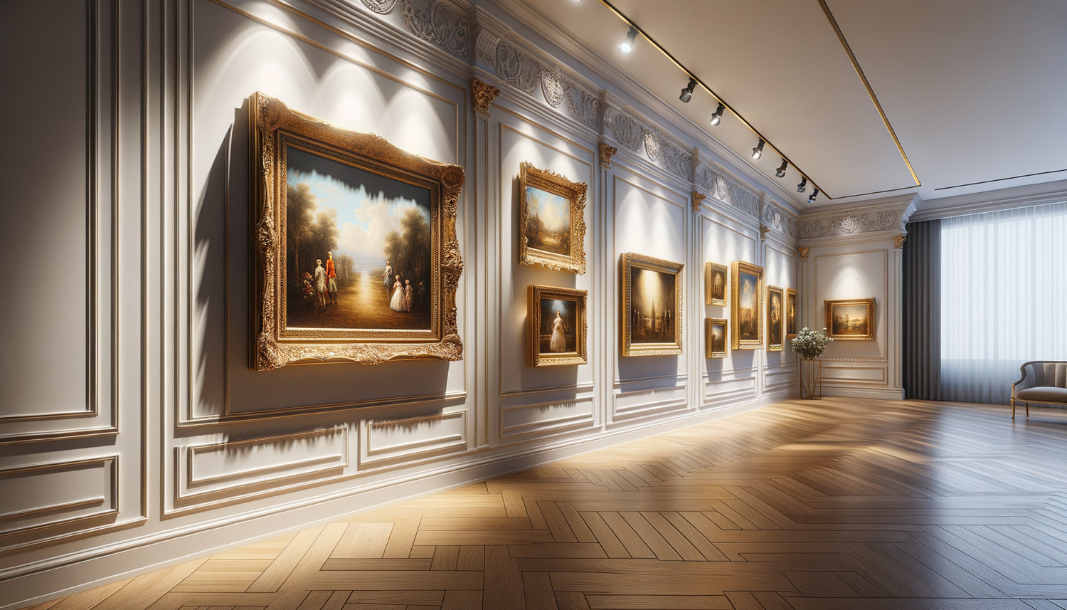 Couloir résidentiel élégant avec tableaux authentiques encadrés, éclairage muséal et texture visible de peinture à l'huile