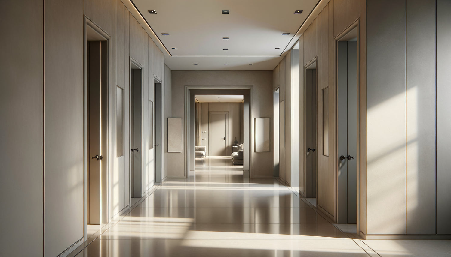 Couloir moderne aux teintes neutres greige et taupe créant harmonie entre plusieurs pièces