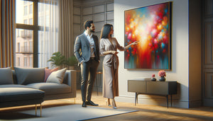Couple contemporain discutant ensemble devant un tableau abstrait dans leur intérieur, moment de complicité et décision partagée
