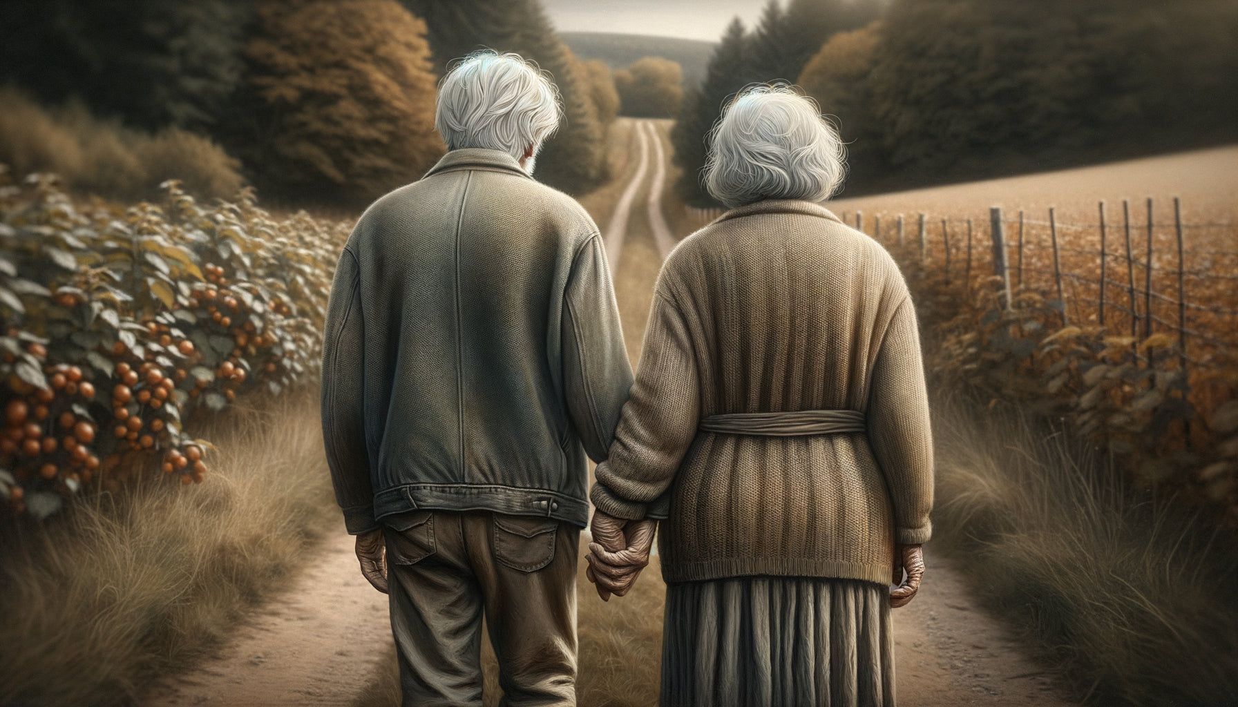 Peinture à l'huile de couple âgé main dans la main marchant ensemble, vue de dos, atmosphère tendre et authentique