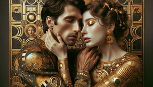 Couple enlacé style Klimt période dorée, motifs géométriques Art Nouveau, feuilles d'or byzantines, esthétique Vienne 1907