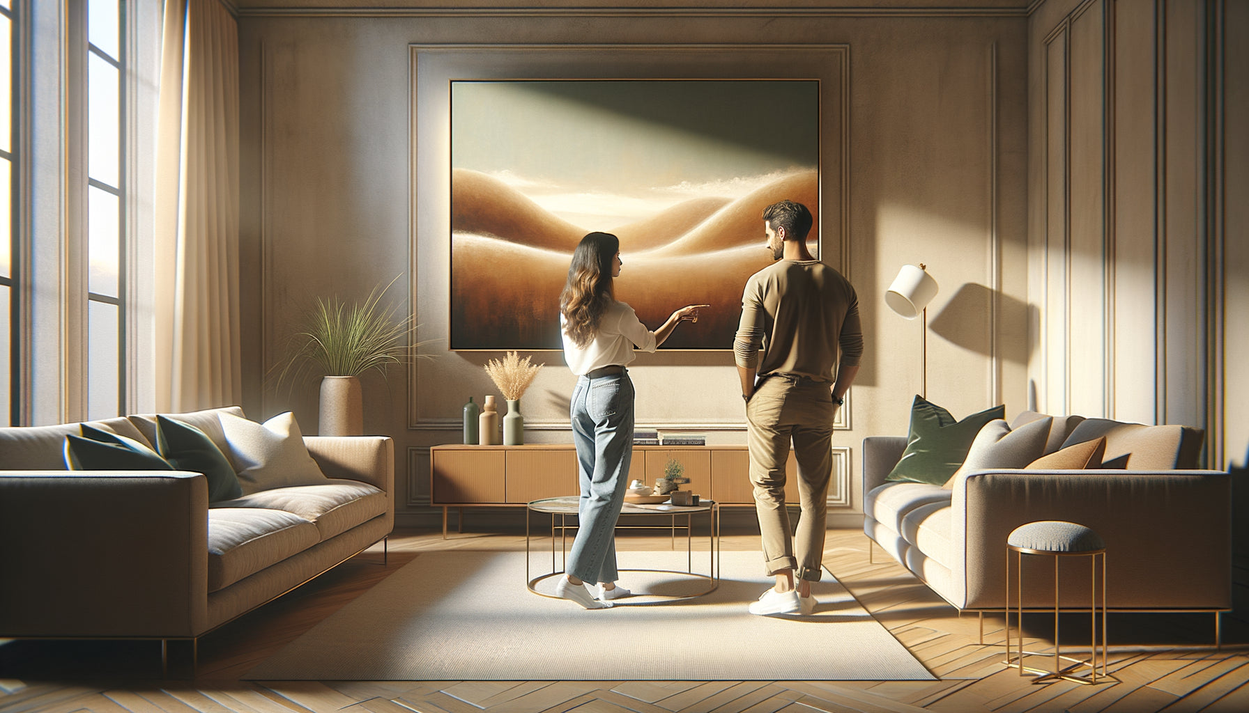 Couple contemporain contemplant ensemble un tableau dans leur salon chaleureux, choisissant une œuvre d'art pour leur intérieur