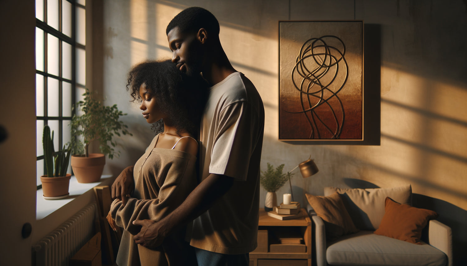 Couple contemporain contemplant un tableau symbolique de leur amour dans leur intérieur chaleureux et intime