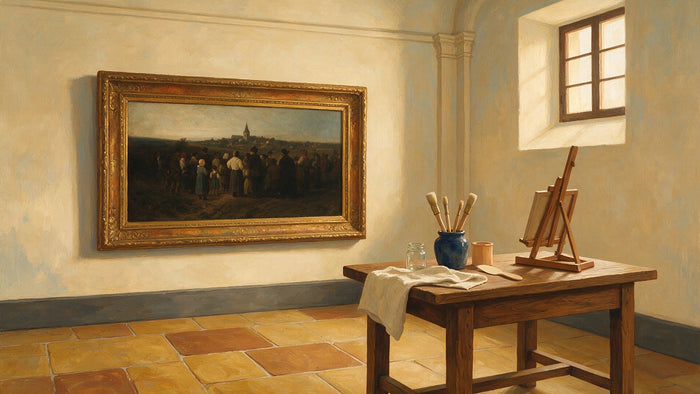 Une grande salle de musée avec un vaste tableau sombre et, à côté, une table de restauration portant pinceaux et petits pots.
