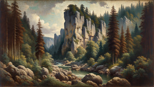 Paysage réaliste style Gustave Courbet, rochers bruts et forêt dense, technique palette couteau, réalisme français XIXe siècle