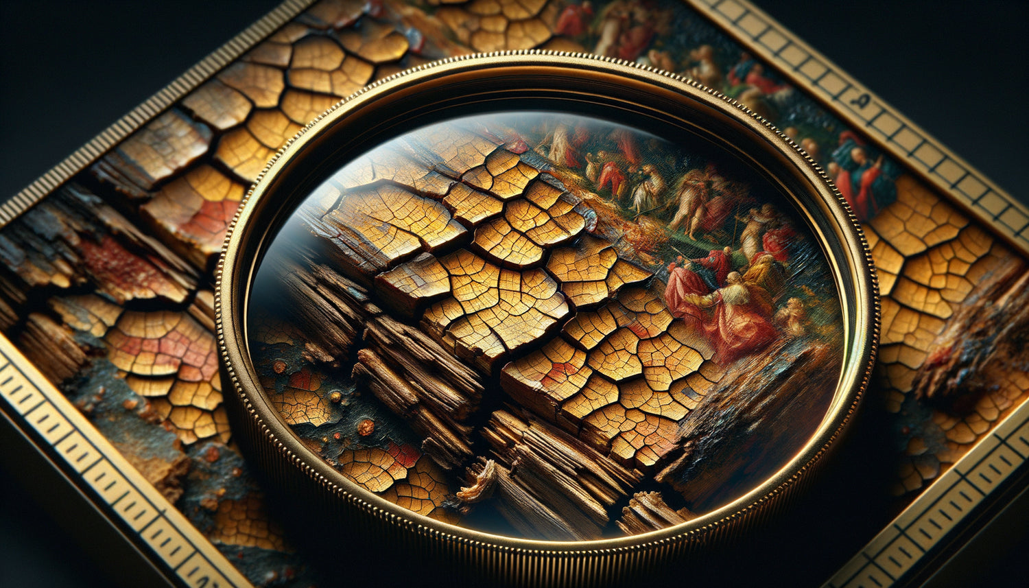 Macro photographie du réseau de craquelures authentiques sur la surface d'une peinture ancienne examinée pour expertise