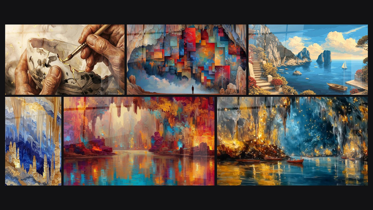 Mosaïque de six tableaux, dont Mains Réparant Vase Brisé Filets Dorés et Grotte avec Stalactites et Stalagmites