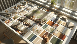 Vue de dessus d'un moodboard de décoration en création avec échantillons de tableaux, palettes chromatiques et textures coordonnées