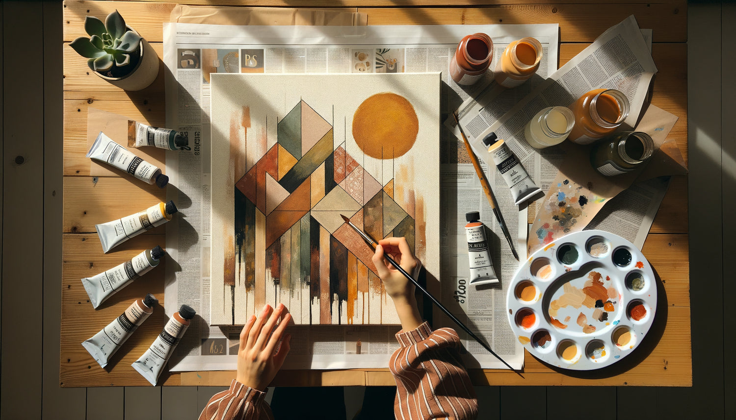 Création en cours d'un tableau DIY personnalisé avec peinture acrylique sur toile, vue de dessus d'un atelier créatif à domicile