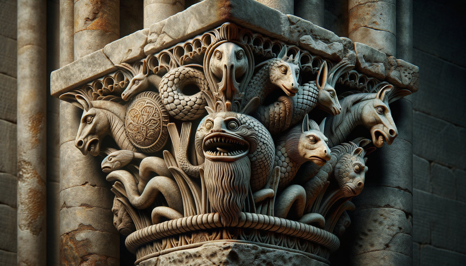 Sculpture romane du 12e siècle montrant des créatures marines hybrides avec pattes et griffes terrestres, relief en pierre