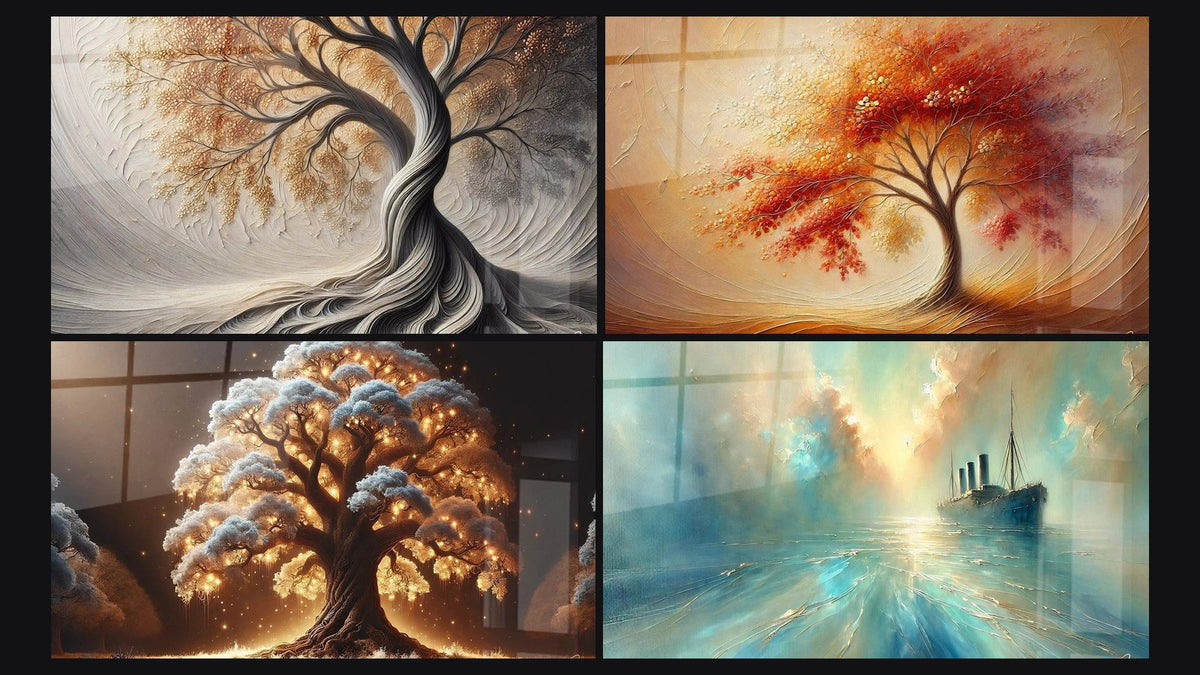 Mosaïque de quatre tableaux, dont Souffle de la Terre, Danse des Saisons et Arbre de Nuit