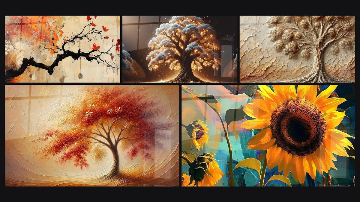 Mosaico di cinque quadri, tra cui Danza delle Stagioni, Albero della Notte e Albero di Antan