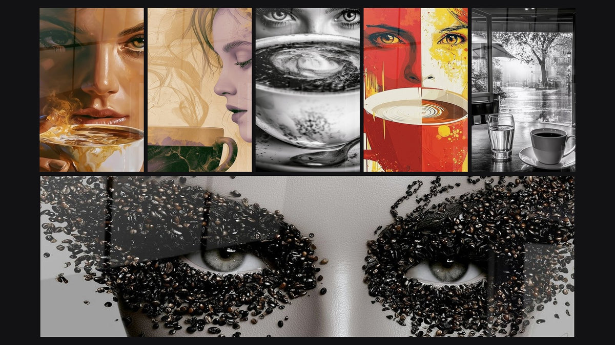 Mosaico di sei quadri, tra cui Tazza di caffè con occhi bianco e nero e Tazza rossa e gialla con onde concentriche