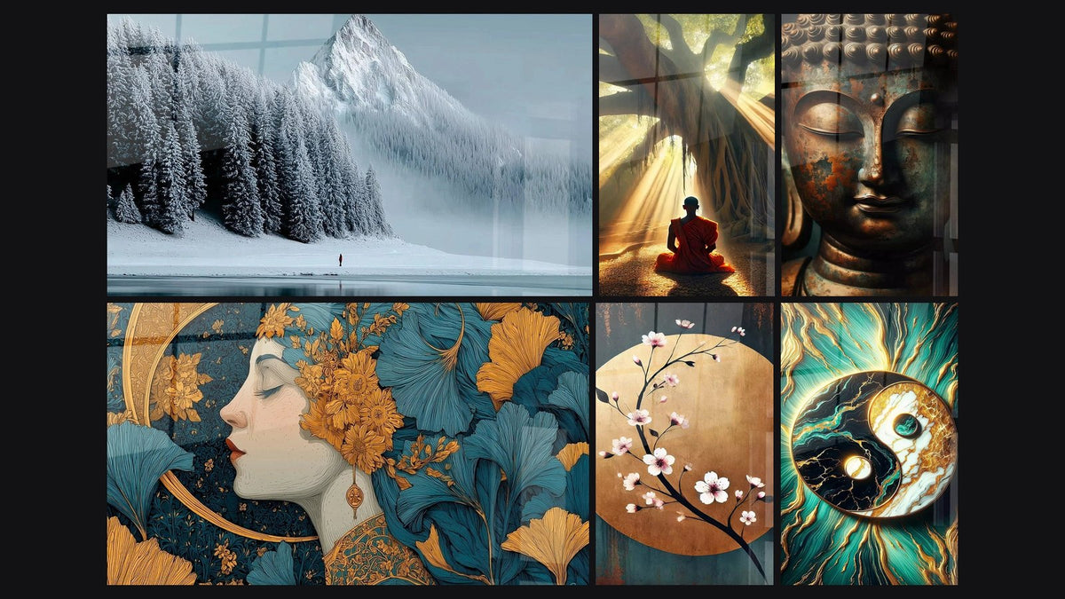 Mosaic of six paintings, including Mountain Polar Meditation, Woman Golden Meditation and Serenity in the Forest
