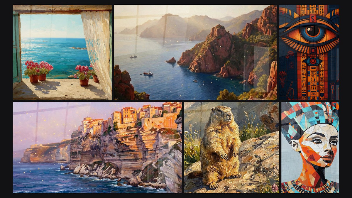 Mosaico de seis cuadros, entre ellos Ventana Mediterránea, Costa Rocosa Mediterránea y Bonifacio acantilados
