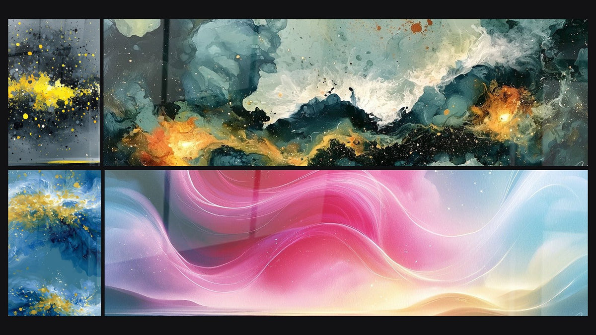 Mosaïque de quatre tableaux, dont Éclaboussures dorées sur fond anthracite et Vagues bleu marine aux éclats dorés