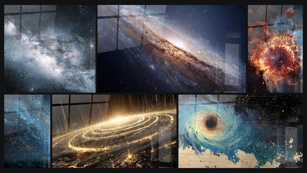 Mosaic of six paintings, including Milky Way, Andromeda Galaxy and Planetary Nebula