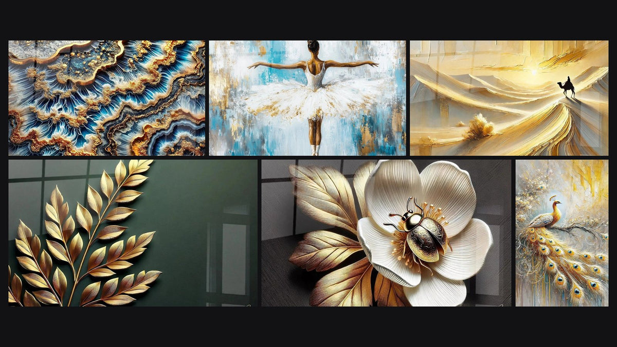 Mosaic of six paintings, including Golden Tide, Dance of Light and Solitude of the Dunes