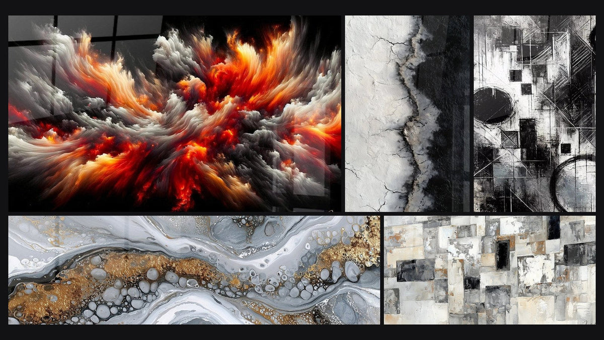 Mosaico di cinque quadri, tra cui Tempesta Solare Abissale, Frammenti di Assoluto e Astratto Fluido Grigio e Oro