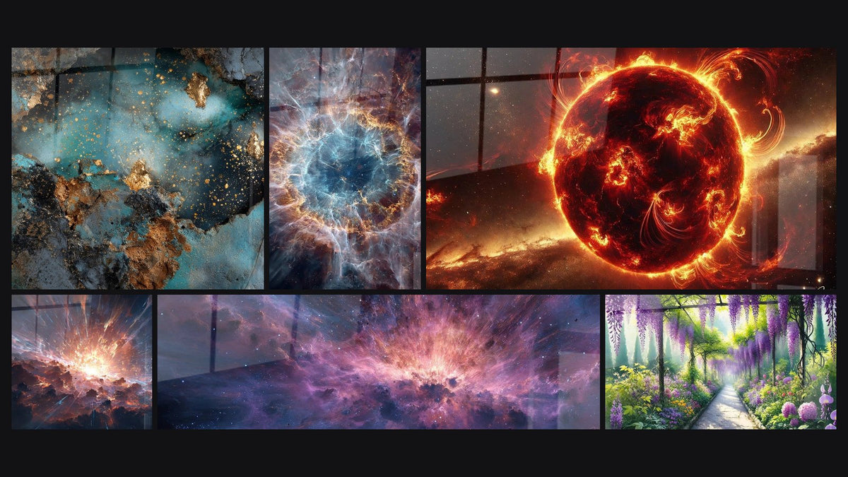Mosaico di sei quadri, tra cui Galassia astratta, Esplosione cosmica di e Nebulosa a spirale di