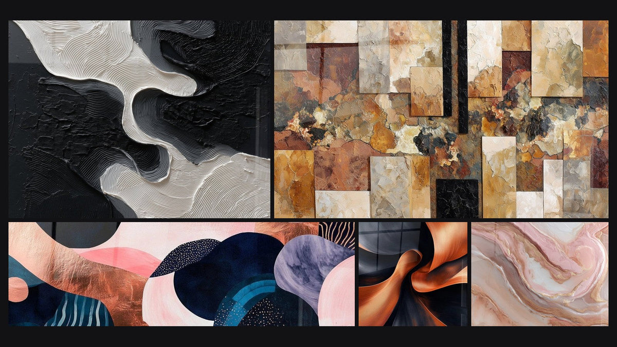 Mosaico de cinco cuadros, entre ellos Simbiosis Ondulante Coral y Impulso Escultural en Cobre