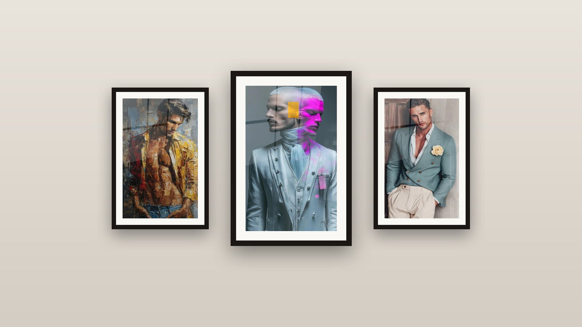 Parete galleria con tre quadri incorniciati: Ritratto Elegante, Uomo d'Affari e Uomo Moderno