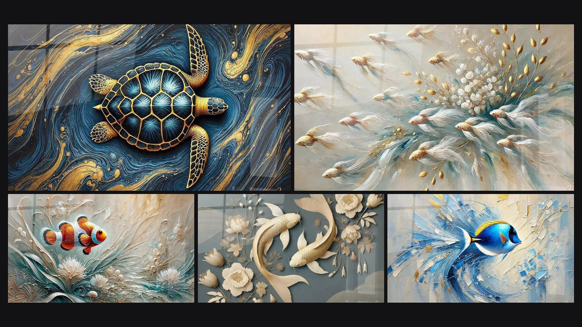 Mozaïek van vijf schilderijen, waaronder Ocean Guardian, Zwemmers Droomtafel en Boodschapper van de Anemonen