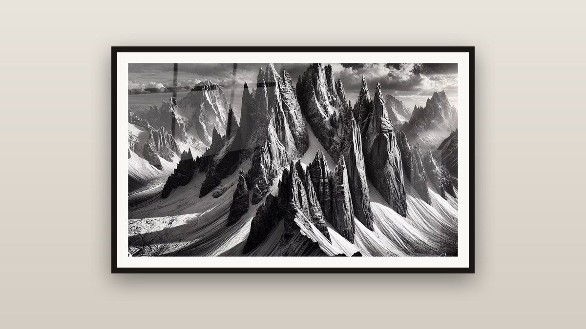 Tableau encadré sur un mur : À l’Ombre des Géants